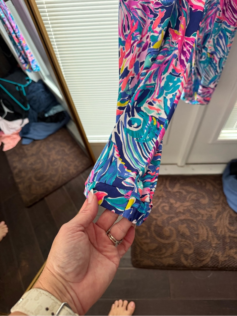 Lilly Pulitzer Off-Shoulder Tropical Leaf Print Jumpsuit in Pink & Teal - Picture 3 of 5